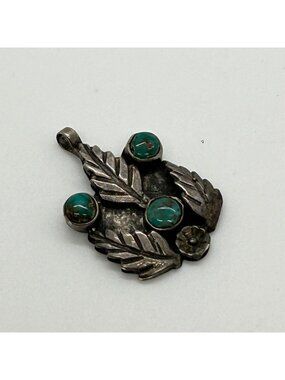 Vintage Alpaca Silver Turquoise Pendant Leaf Flower Tribal Boho Southwestern